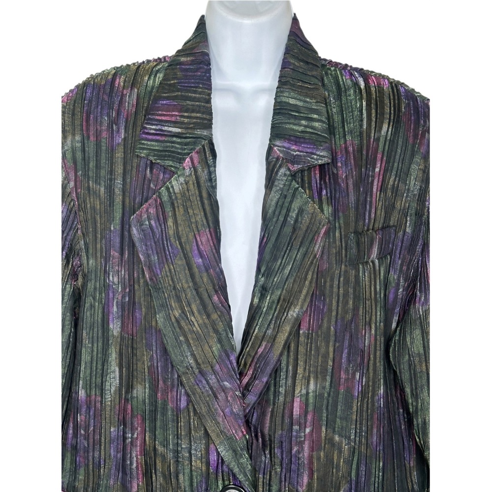 New Cache Blazer 1 Medium Purple Green Metallic Floral Pleated Vintage Jacket - Picture 3 of 13